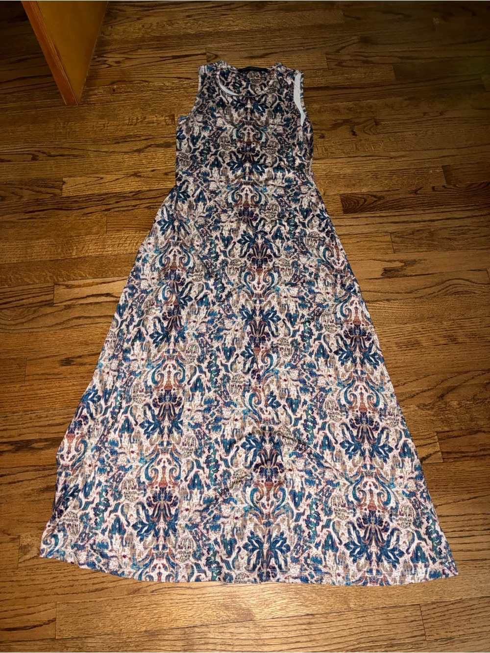Peruvian Connection Blue and Cream Sleeveless Printed Maxi Dress